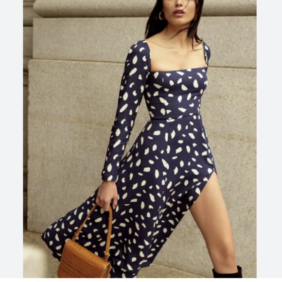 Reformation Sigmund Midi Dress Splatter Speckled Slit Navy Blue Long Sleeves 4 - Picture 1 of 16